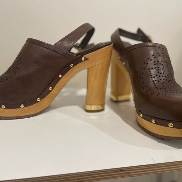 Tory Burch Brown Leather and Wood Platform Clogs size 8M - Picture 3 of 6